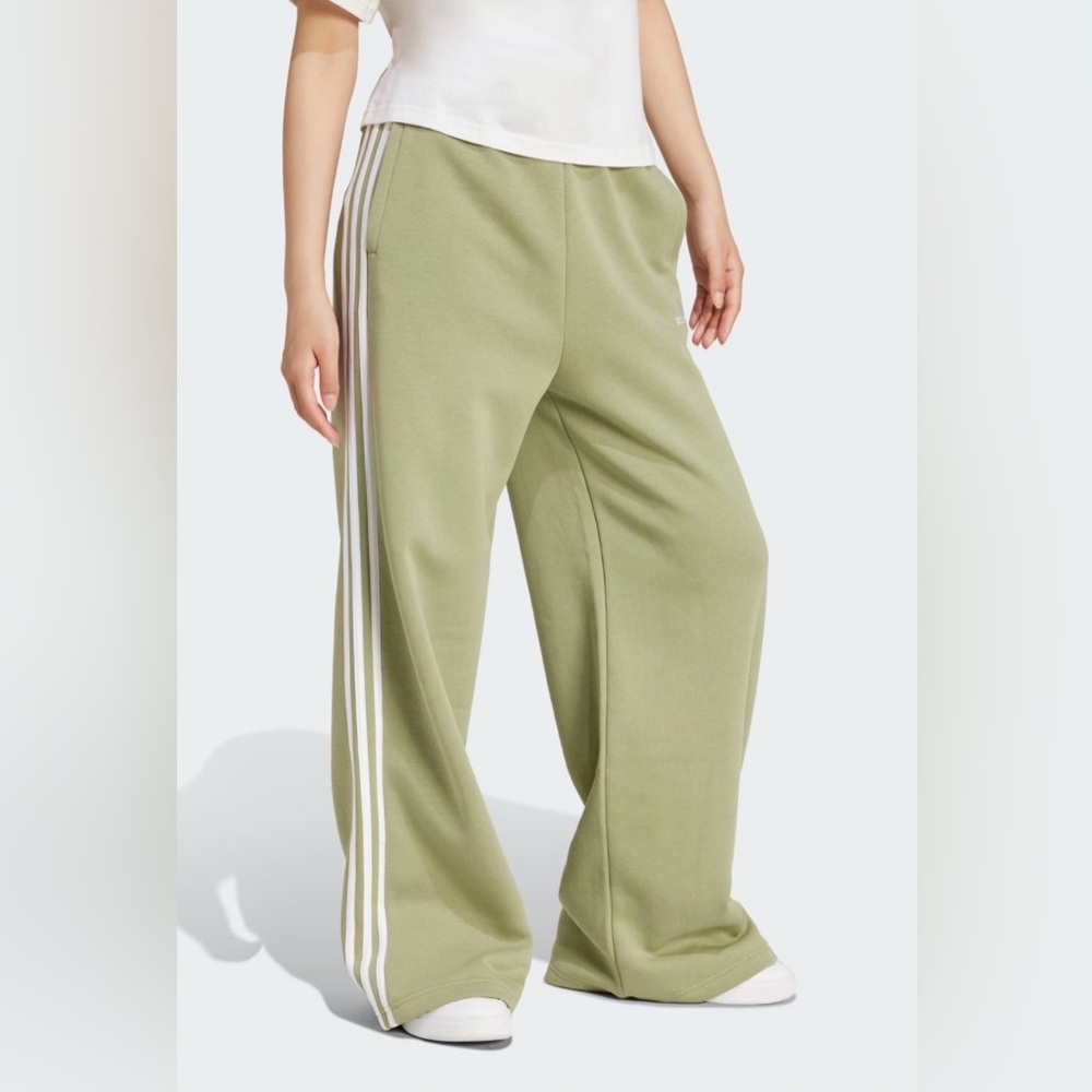 adidas Olive Green Wide-Leg Track Pants with White Side Stripes